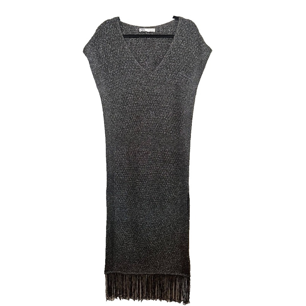 Metallic Knit Maxi Fringe Dress M Festive Holiday Glam Shimmer Bodycon Grunge